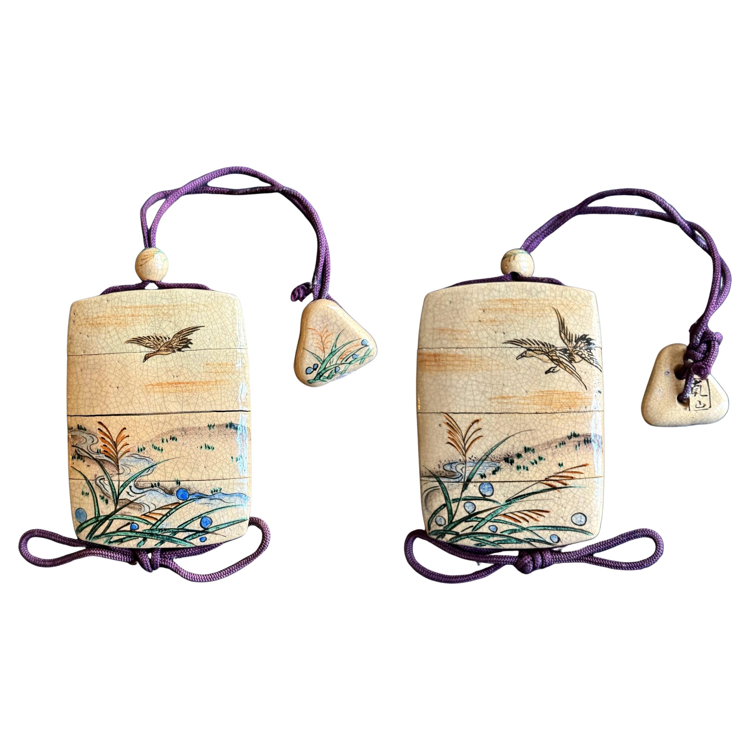 Rare Japanese Ceramic Glazed Inro with Ojime and Netsuke Ogata Kenzan Edo Period