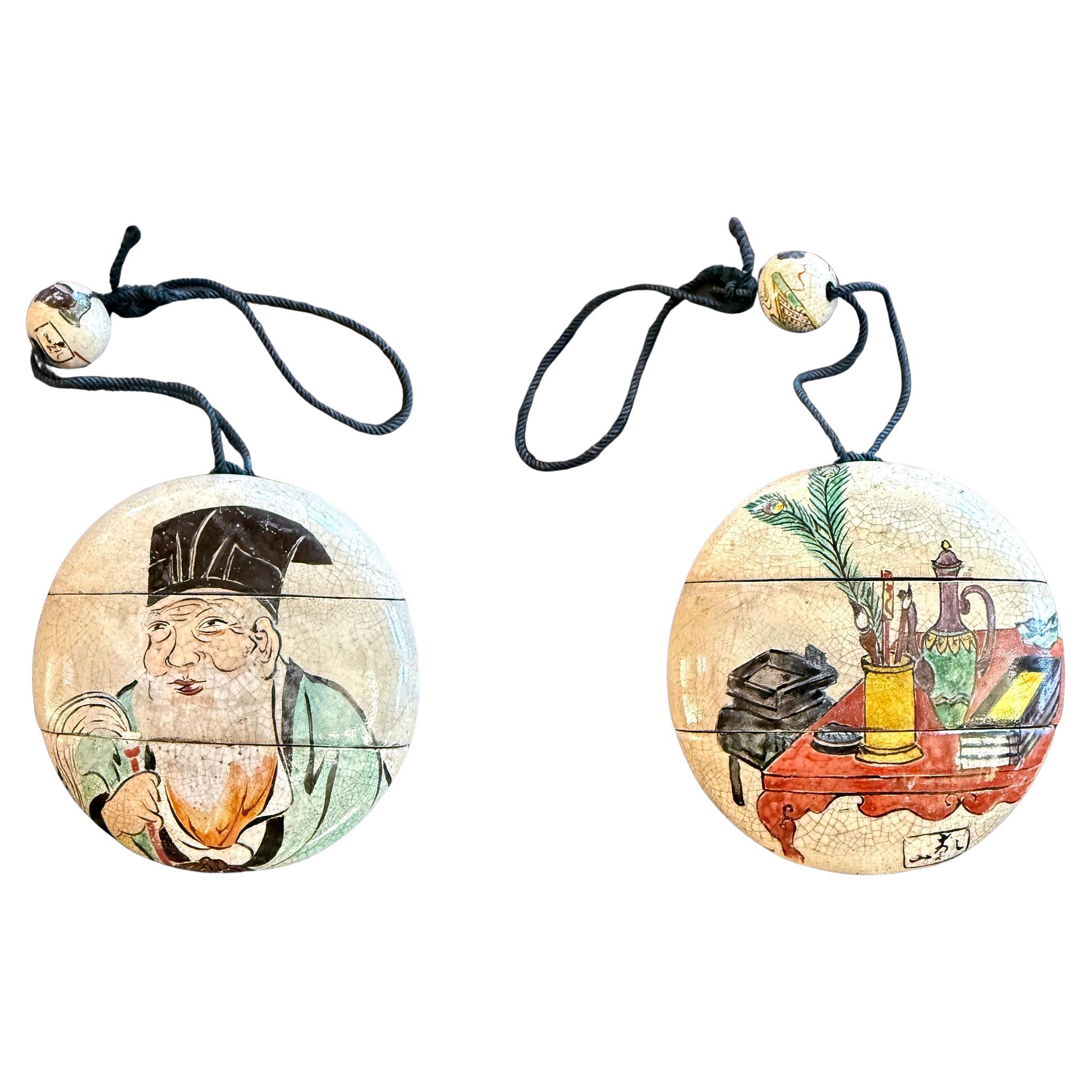 Rare céramique japonaise émaillée Inro avec Ojime Ogata Kenzan Période Edo