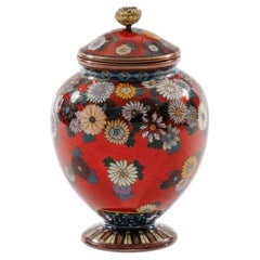 Rare Japanese Cloisonne Enamel Covered Jar with Transparent Red Ground Floral