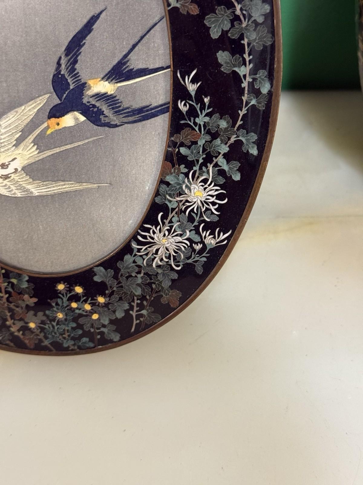 19th Century Rare Japanese Cloisonne Enamel Oval Frame with Chrysanthemums, Manner of Hayashi For Sale