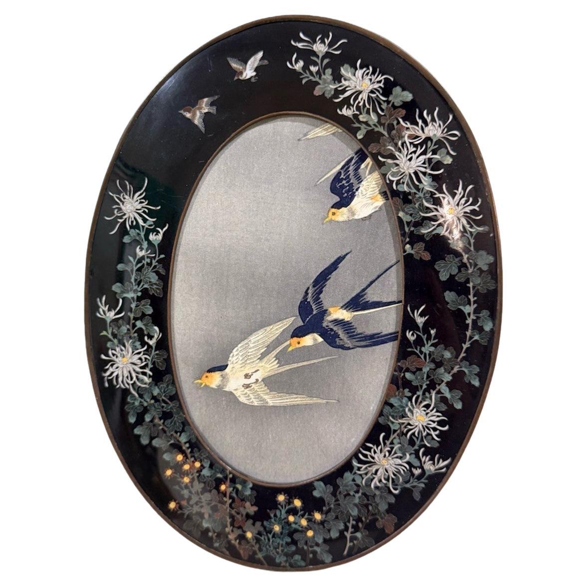 Rare Japanese Cloisonne Enamel Oval Frame with Chrysanthemums, Manner of Hayashi For Sale