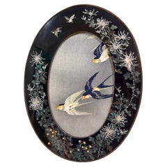 Antique Rare Japanese Cloisonne Enamel Oval Frame with Chrysanthemums, Manner of Hayashi