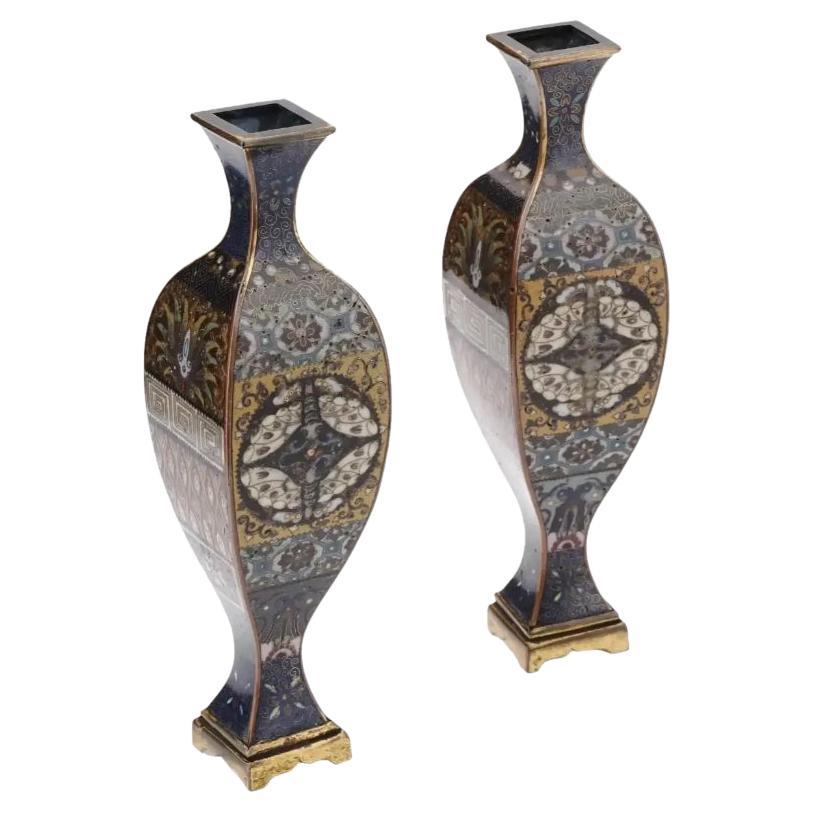 Rare Japanese Cloisonne Enamel Over Brass Goldstone Vases with Butterflies For Sale