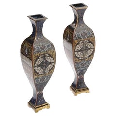 Antique Rare Japanese Cloisonne Enamel Over Brass Goldstone Vases with Butterflies