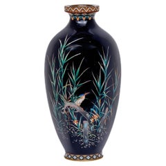 Seltene japanische Cloisonné-Emaille-Vase mit Kingfisher und Schilf, Hayashi Kodenji