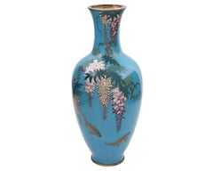 Rare Japanese Closionne Enamel Vase with Wisteria and Fish Signed