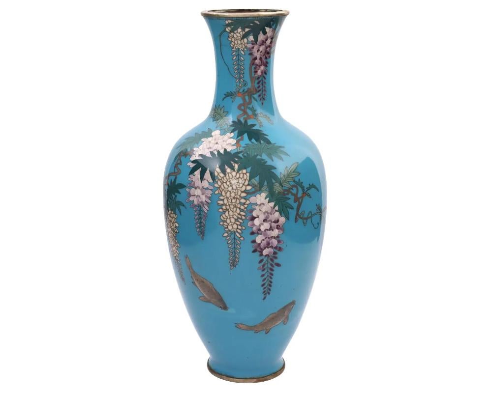 Cloissoné Rare Japanese Closionne Enamel Vase with Wisteria and Fish Signed For Sale