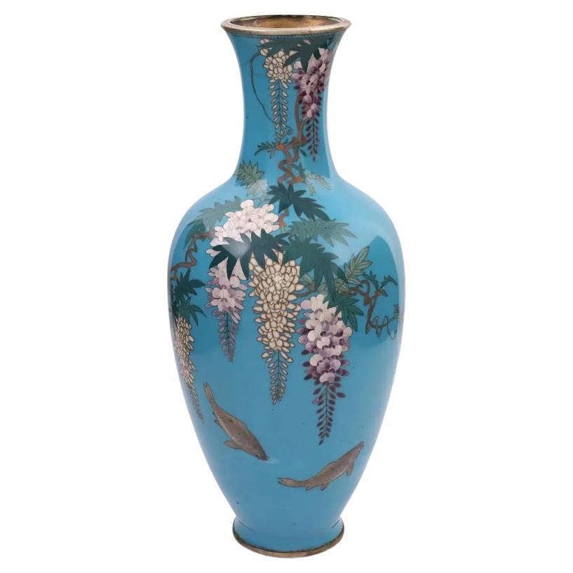 Rare Japanese Closionne Enamel Vase with Wisteria and Fish Signed