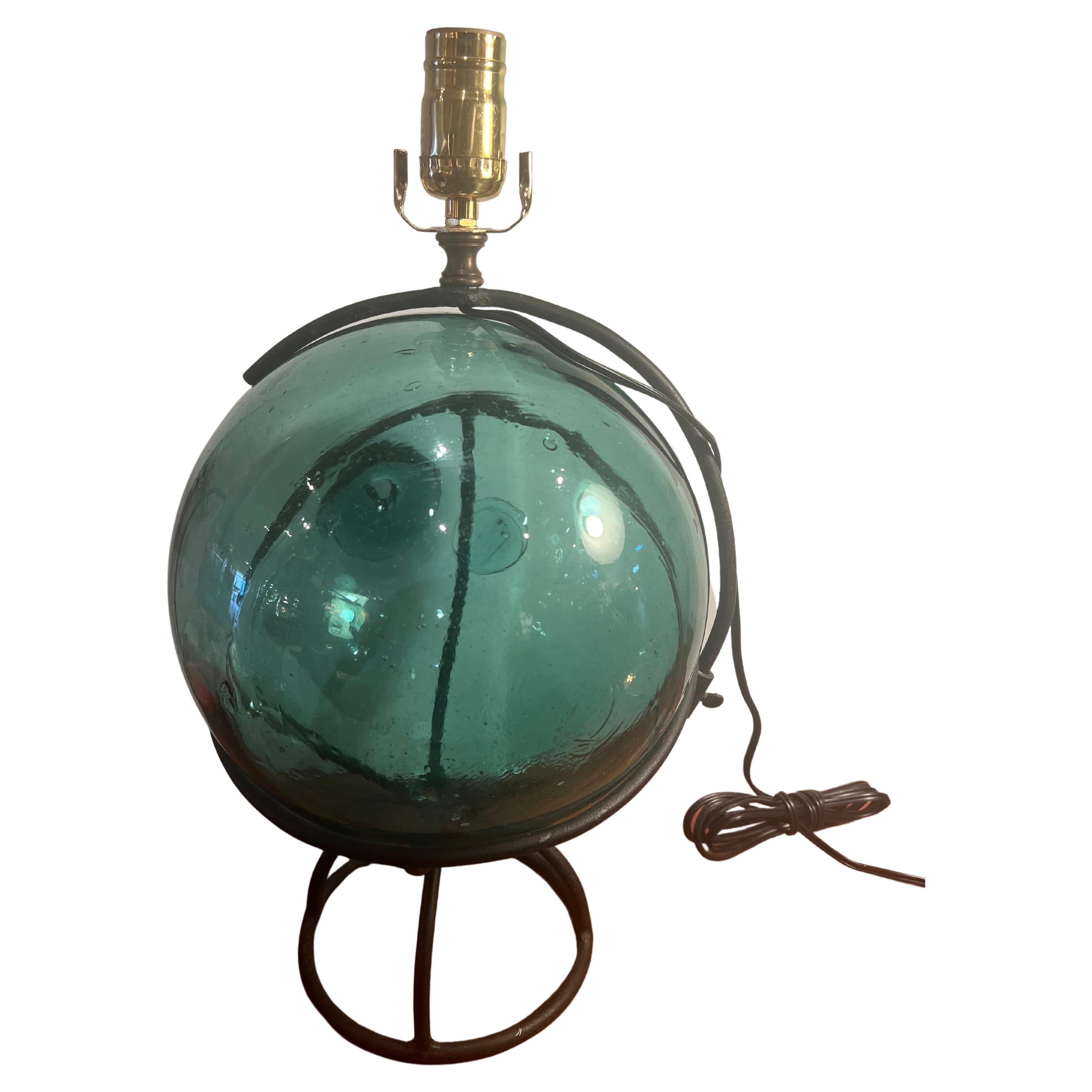 Mid-Century Modern Rare Japanese Fishing Floating Glass Ball with Iron Frame For Sale
