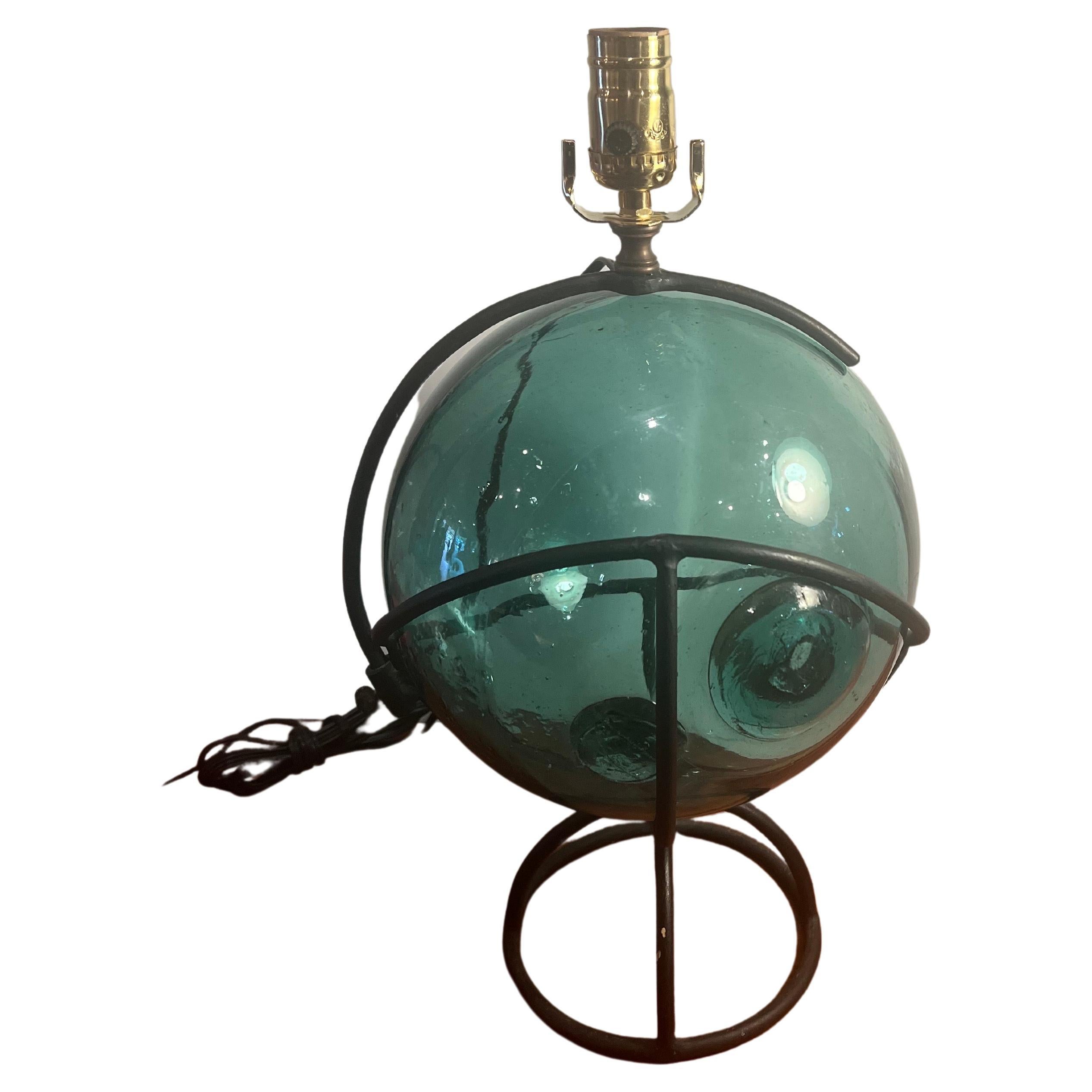 Rare Japanese Fishing Floating Glass Ball with Iron Frame For Sale