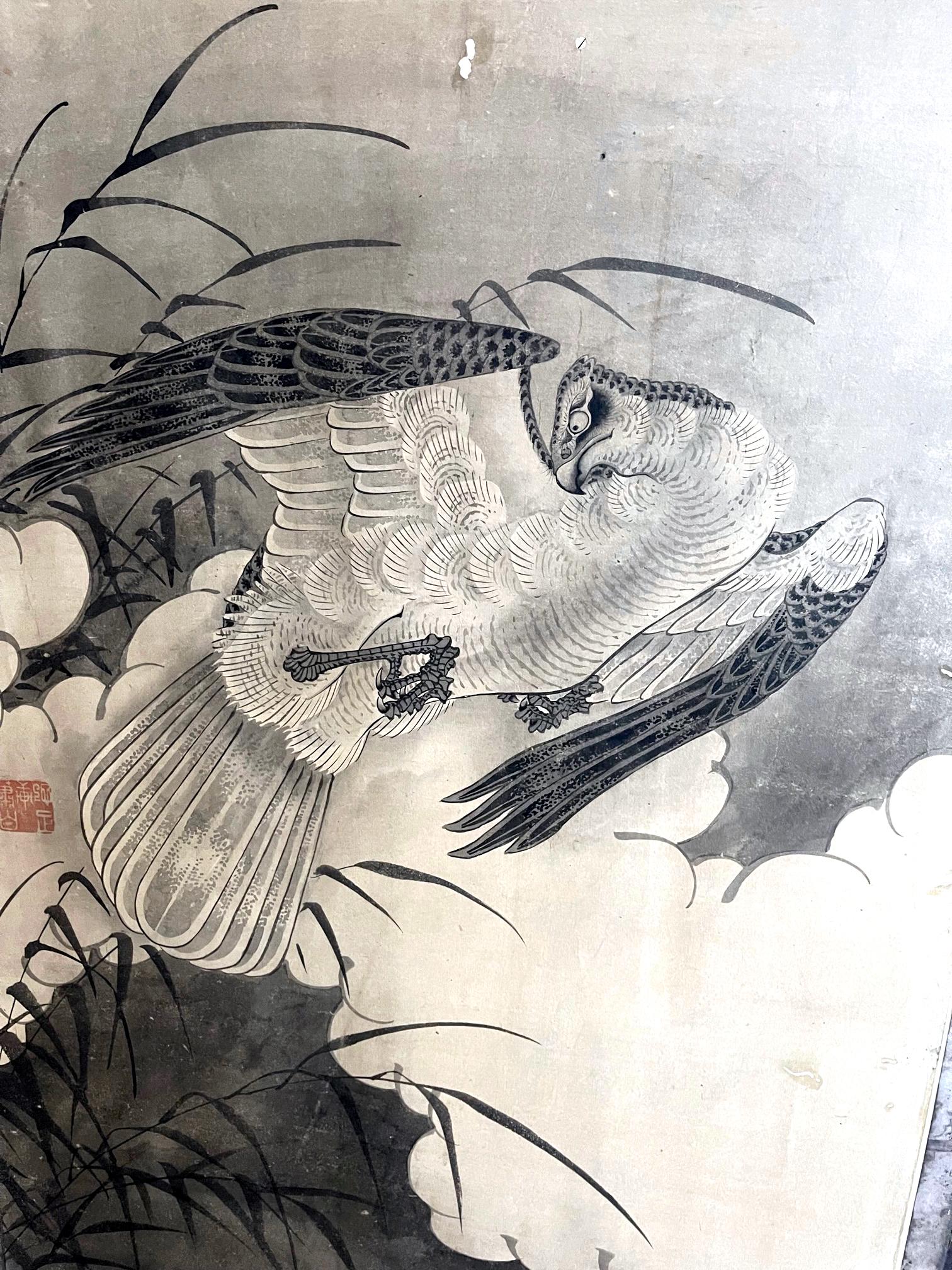 Seltener japanischer Bodenschirm mit geflügelten Adlern aus der Soga Shohaku Edo-Periode im Angebot 4