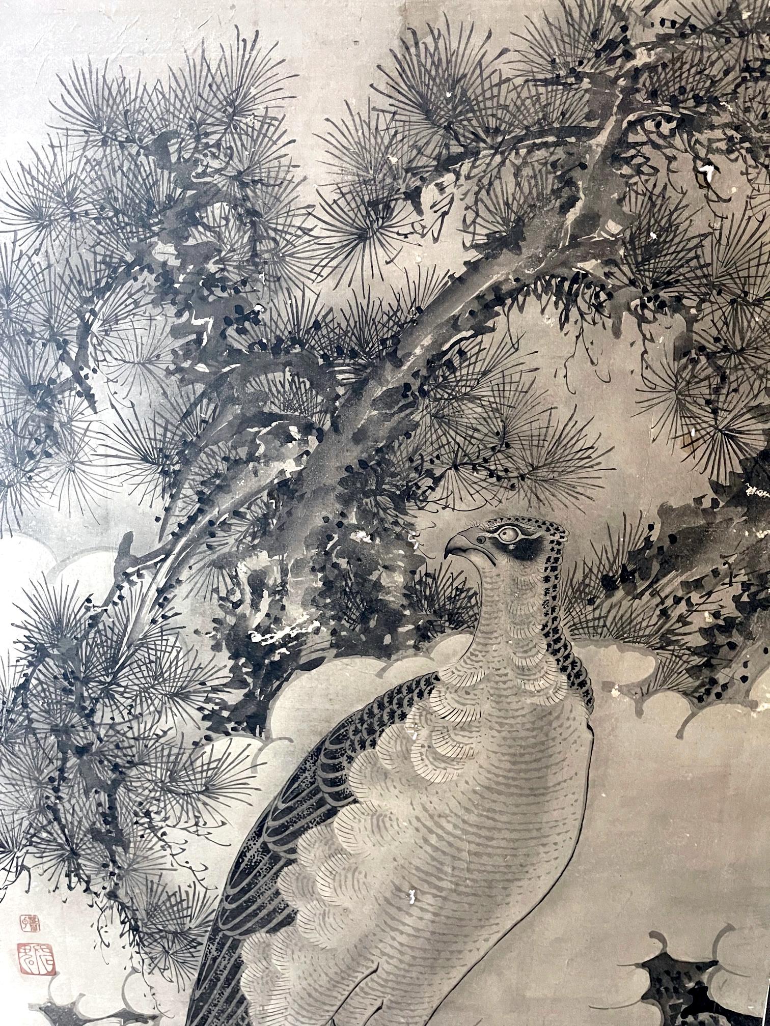 Seltener japanischer Bodenschirm mit geflügelten Adlern aus der Soga Shohaku Edo-Periode im Angebot 6