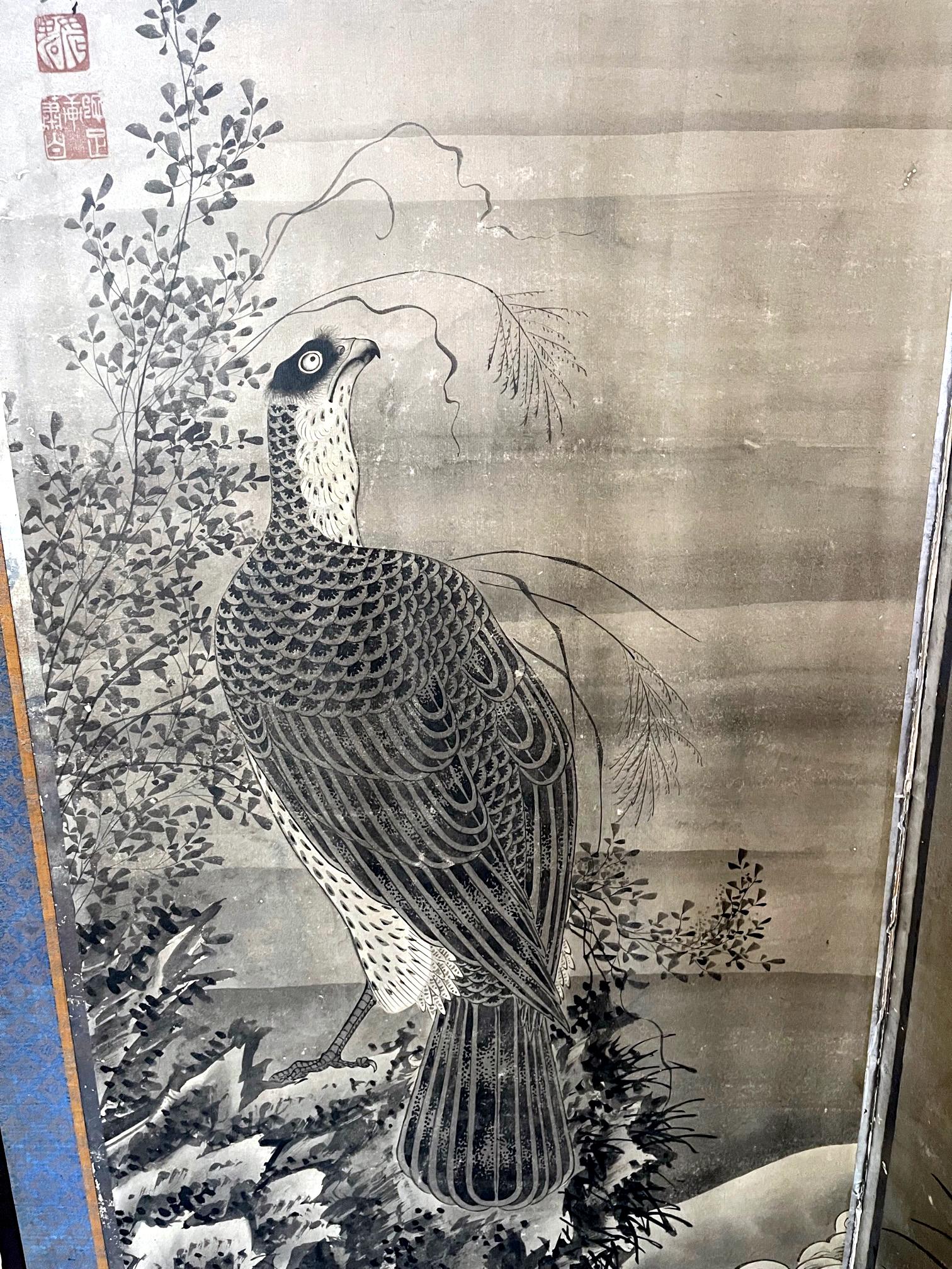 Rare Japanese Floor Screen of Perched Eagles Soga Shohaku Edo period For Sale 3