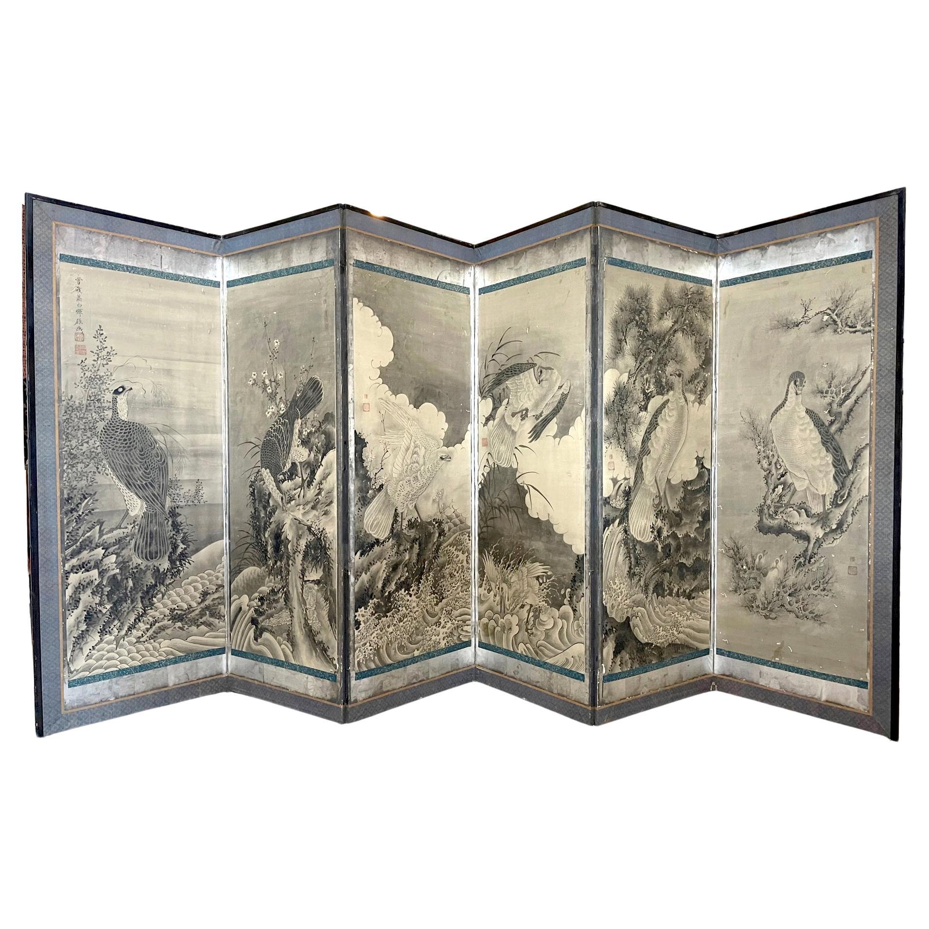 Rare Japanese Floor Screen of Perched Eagles Soga Shohaku Edo period