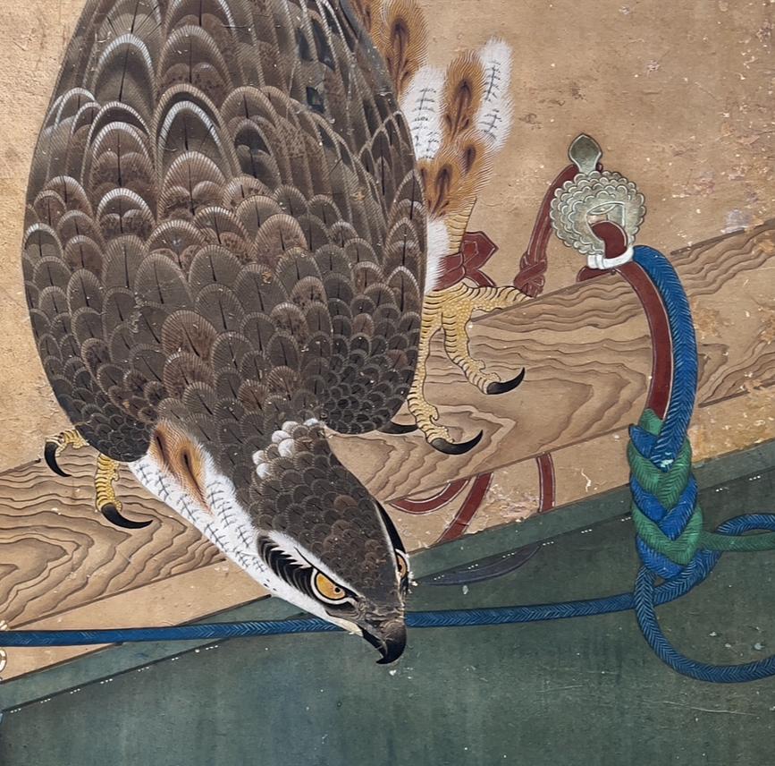 Raro biombo japonés, Kayo Zu, Halcones en una percha, Escuela Soga, Edo en venta 6