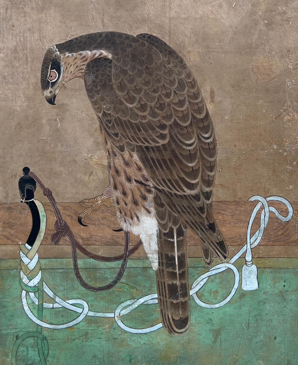 Raro biombo japonés, Kayo Zu, Halcones en una percha, Escuela Soga, Edo en venta 7