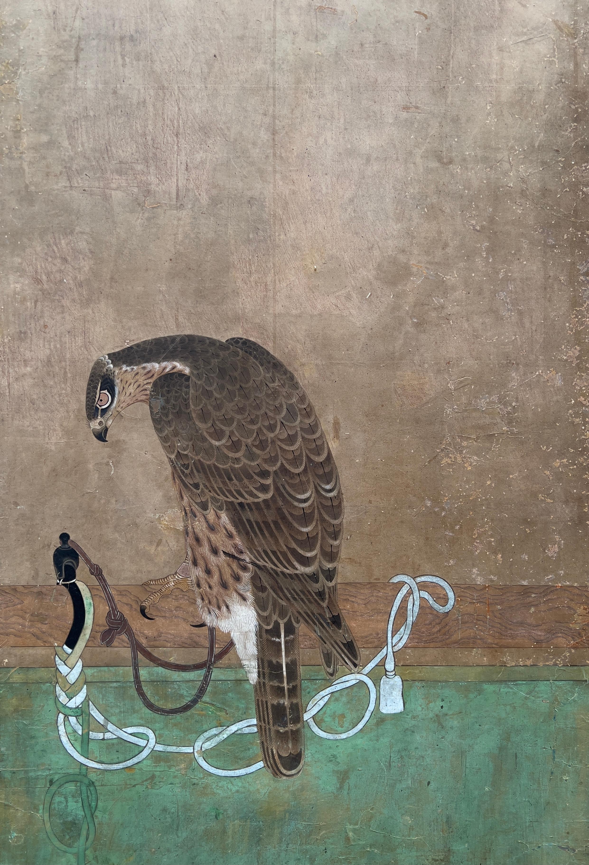 Raro biombo japonés, Kayo Zu, Halcones en una percha, Escuela Soga, Edo siglo XVIII en venta
