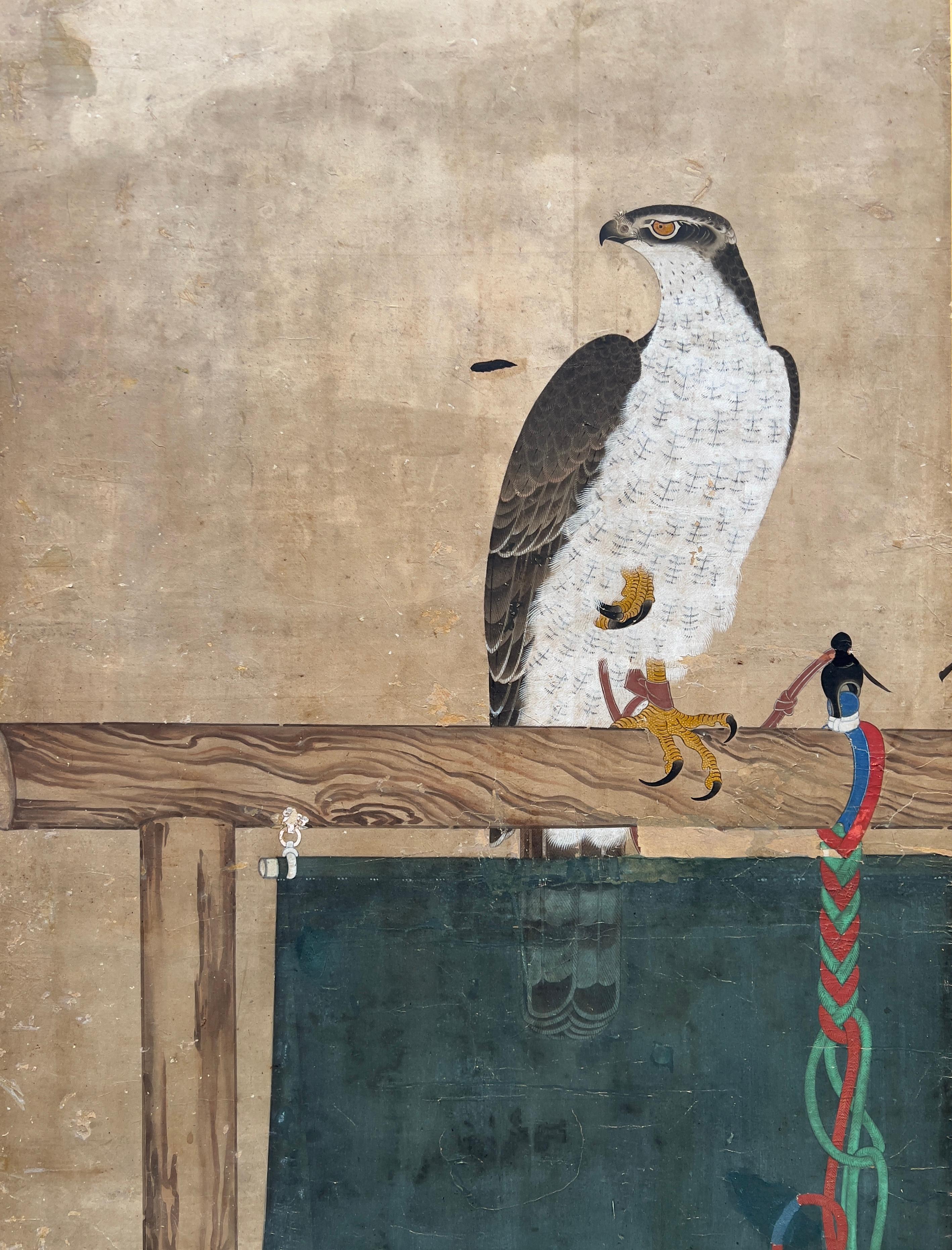 Raro biombo japonés, Kayo Zu, Halcones en una percha, Escuela Soga, Edo Madera en venta
