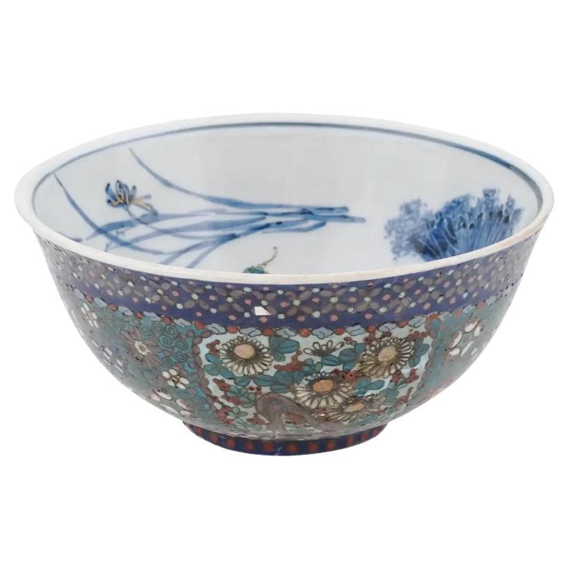 Rare Japanese Footed Enamel and Porcelain Bowl For Sale