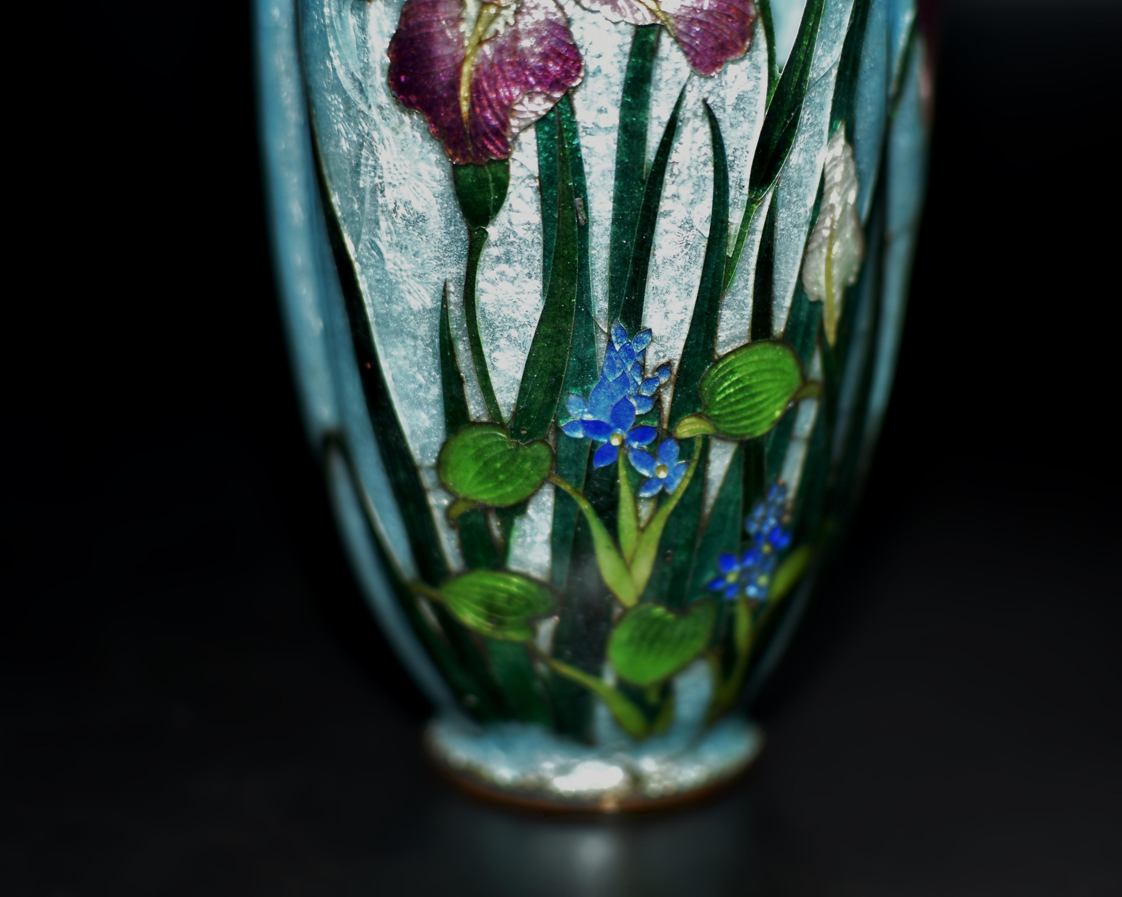 Rare Japanese Ginbari Cloisonne Vase Irises by Kumeno Teitaro 19th Century For Sale 11