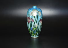 Rare Japanese Ginbari Cloisonne Vase Irises by Kumeno Teitaro 19th Century