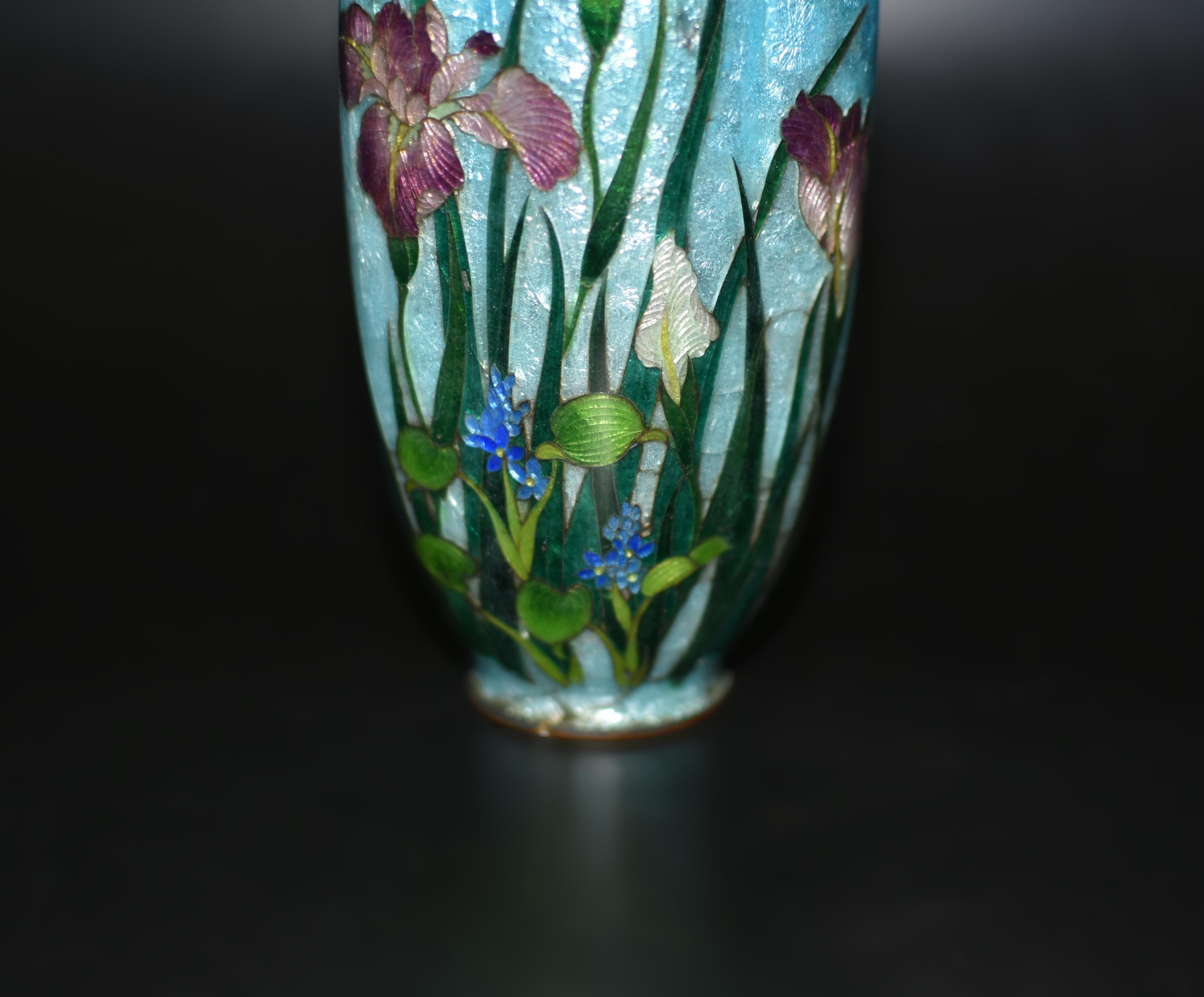Meiji Rare Japanese Ginbari Cloisonne Vase Irises by Kumeno Teitaro 19th Century For Sale