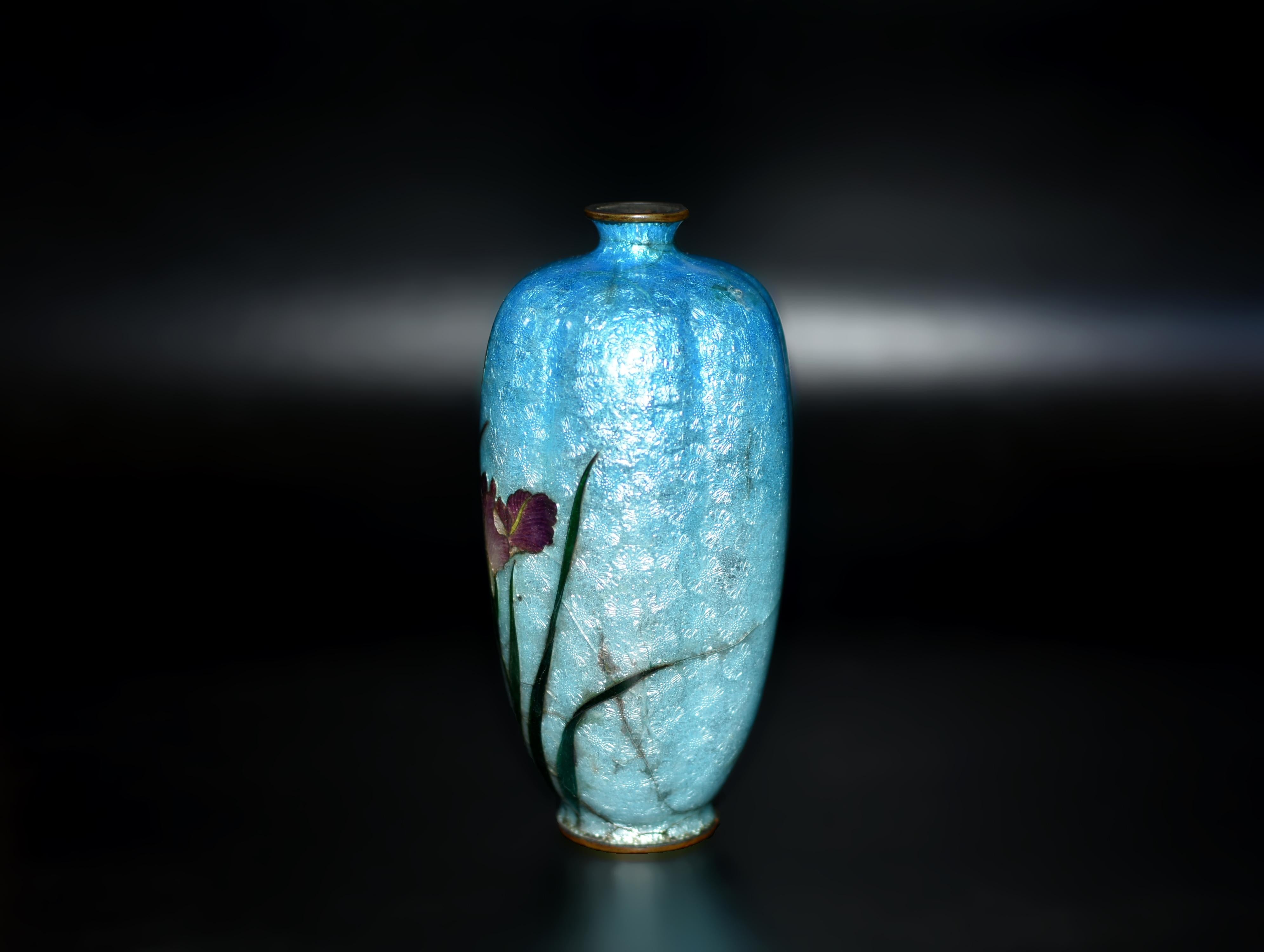Rare Japanese Ginbari Cloisonne Vase Irises by Kumeno Teitaro 19th Century For Sale 1