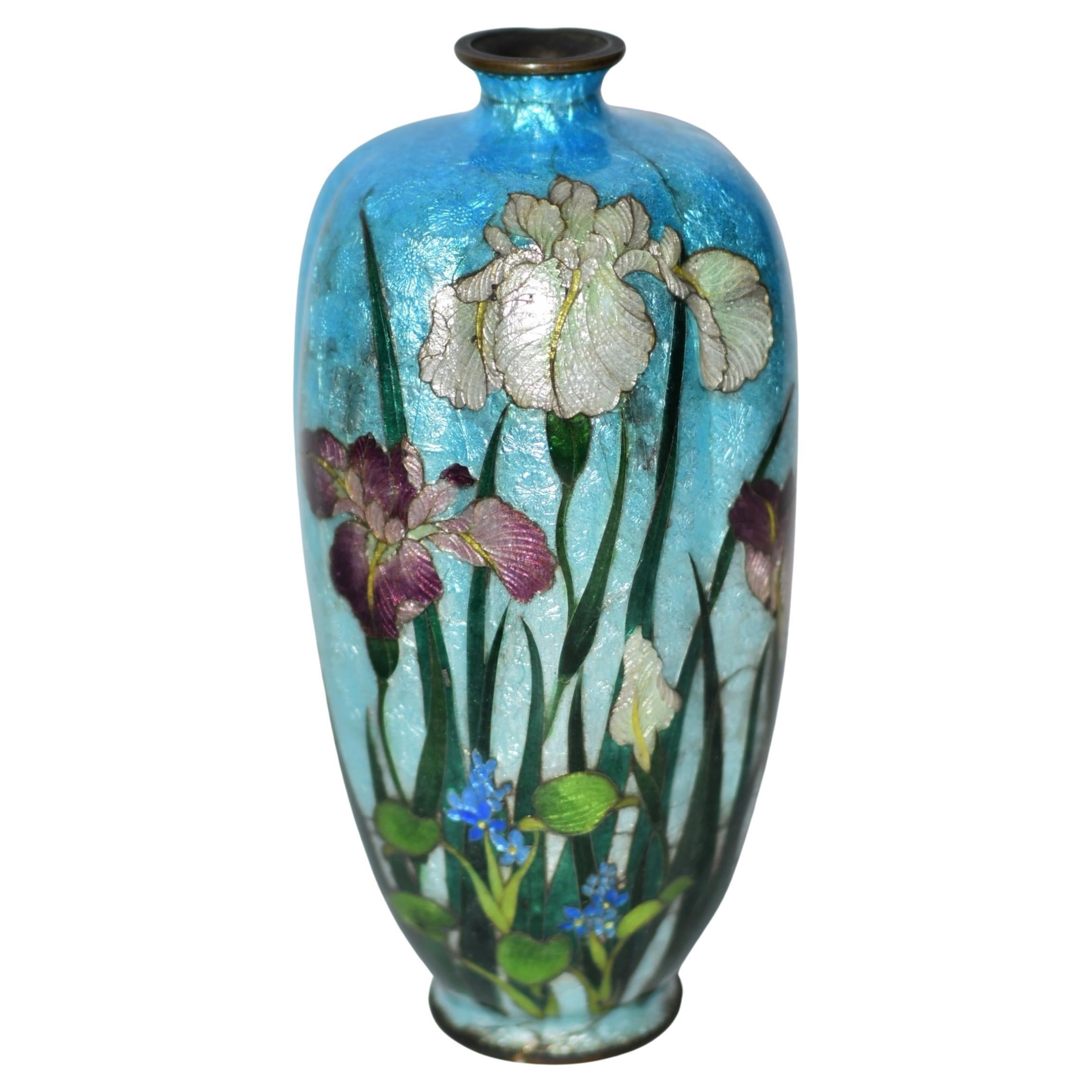 Raro Jarrón Japonés Ginbari de Cloisonné Iris de Kumeno Teitaro Siglo XIX