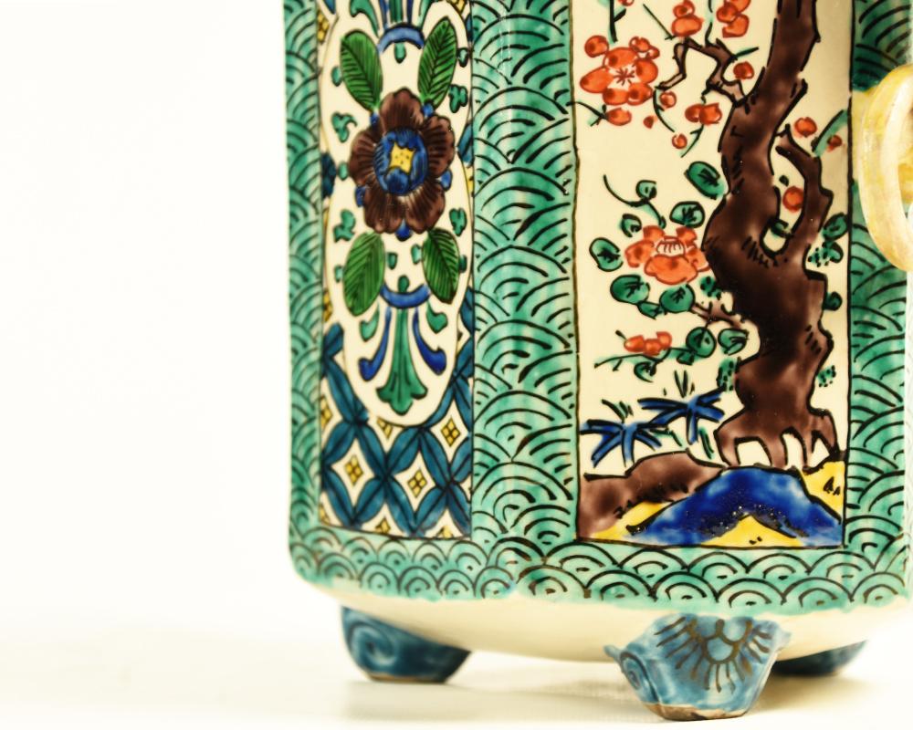 19th Century Rare Japanese Hexagonal Kutani Pottery Incense Burner Meiji Period