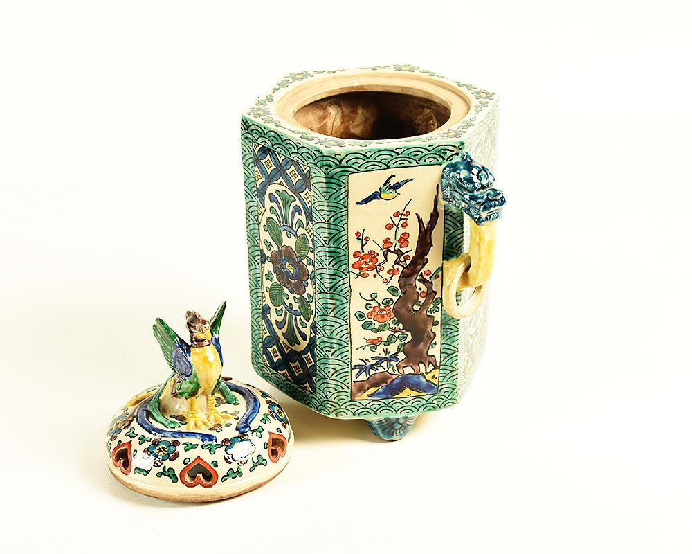 Rare Japanese Hexagonal Kutani Pottery Incense Burner Meiji Period 1
