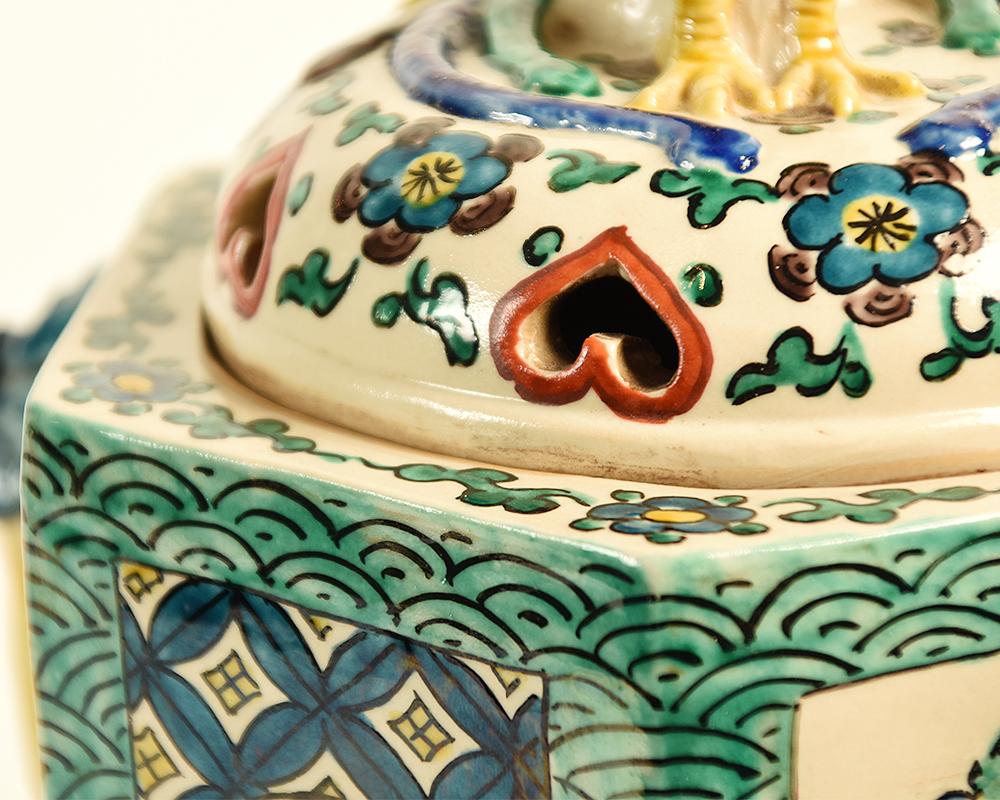 Rare Japanese Hexagonal Kutani Pottery Incense Burner Meiji Period 2
