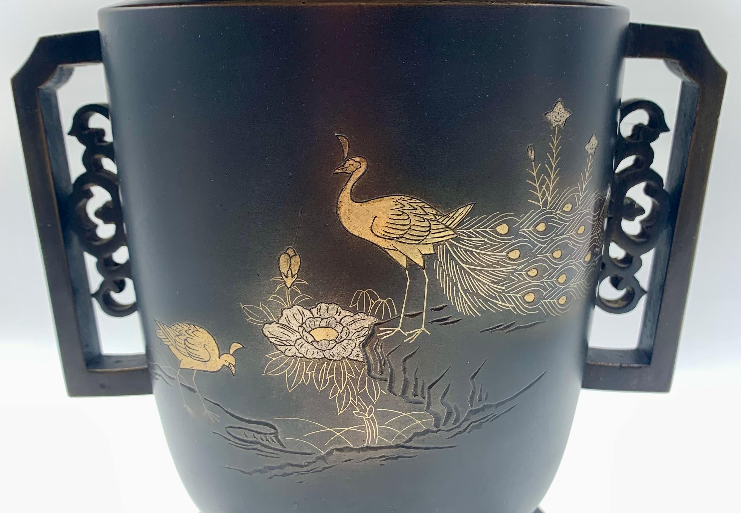 19th Century Rare Japanese Meiji Gold Silver Inlay Peacock Bronze Usubata Ikebana Flower Vase For Sale