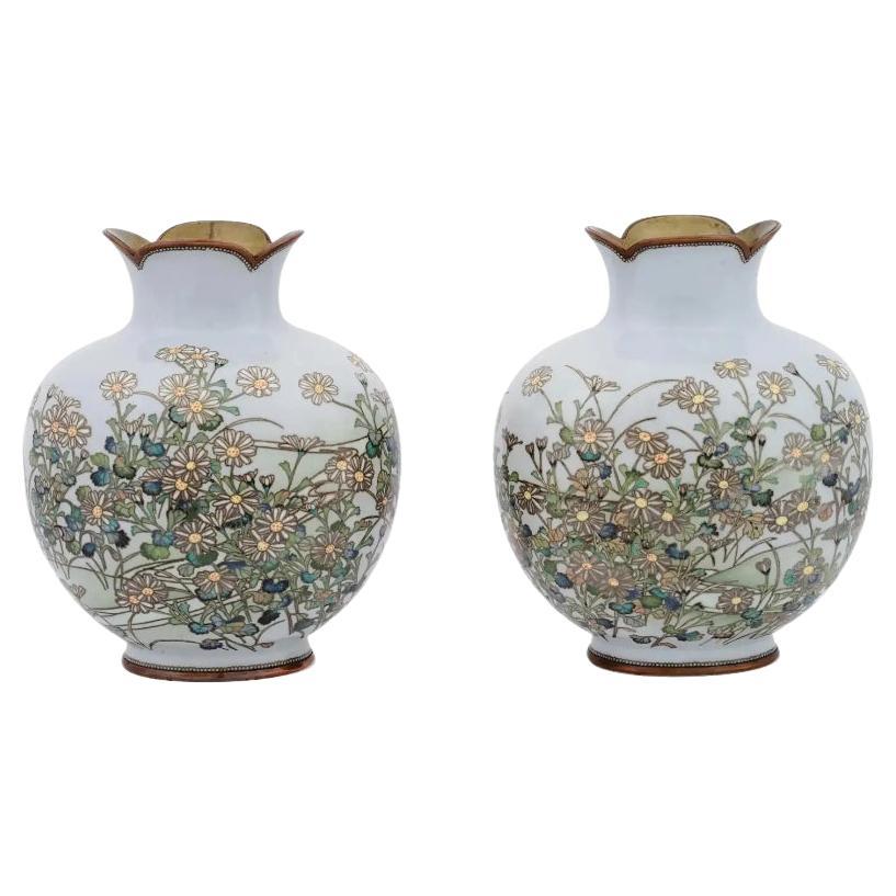 A Rare Pair of Meiji Japanese Cloisonne Silver Wire Vases with Dandelions For Sale