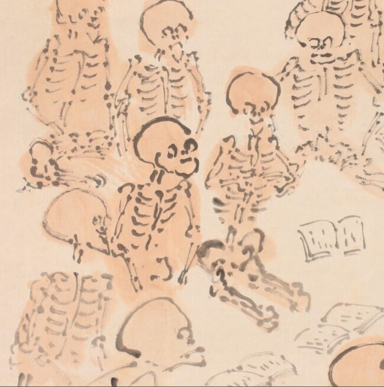 Skeletons Studying, Shaku Kaiyin, Japan Meiji Period
This ink-on-paper painting, mounted as a scroll with colored paper borders, is titled Skeletons Studying. It portrays a circle of skeletons seated around a teaching master, creating a scene that