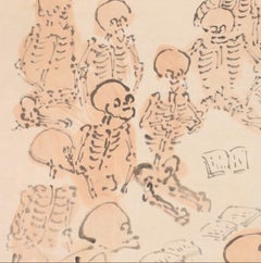 Rare Japanese painting, Skeletons Studying, Shaku Kaiyin, Japan Meiji Period