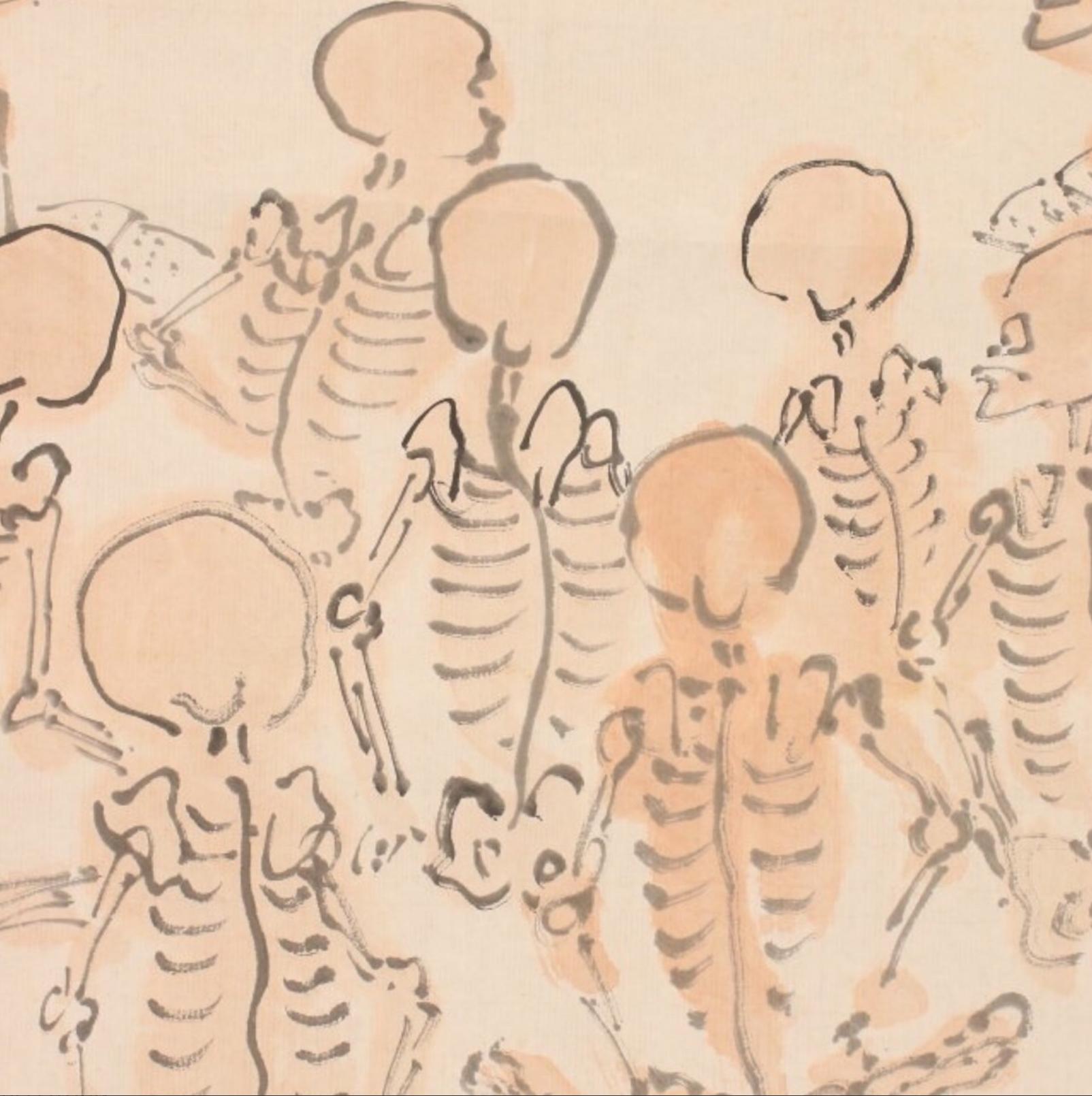 Hand-Painted Rare Japanese painting, Skeletons Studying, Shaku Kaiyin, Japan Meiji Period For Sale