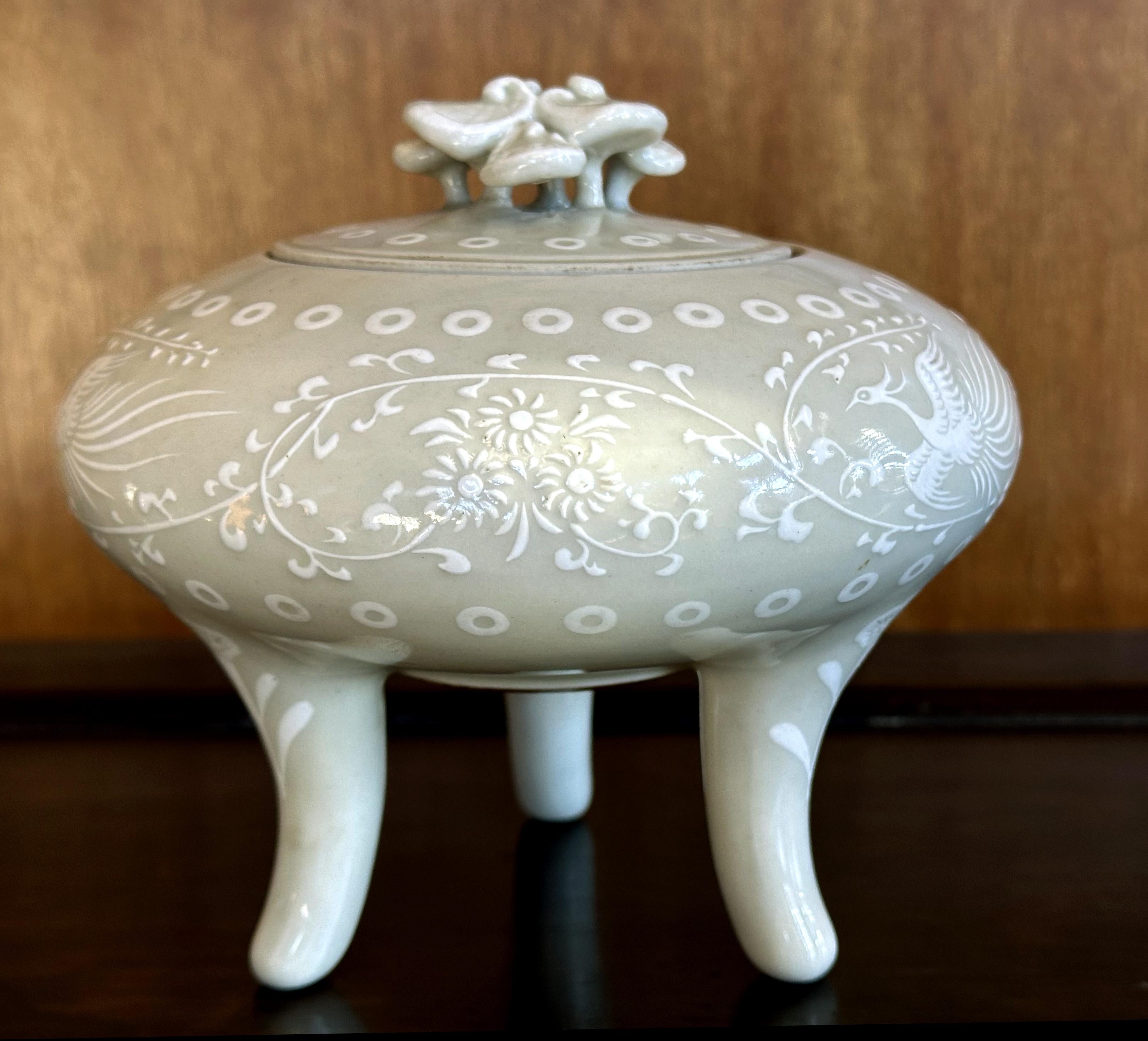 A porcelain incense burner (koro) made by Japanese potter Makuzu Kozan (also known as Miyagawa Kozan, 1842-1916) circa 1890s-1900s (end of Meiji Period). The koro features an elegant shape with a compressed rounded body supported by three long