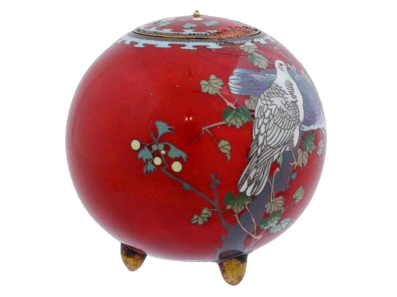 Meiji Rare Japanese Red Birds Cloisonne Enamel Censer Koro For Sale