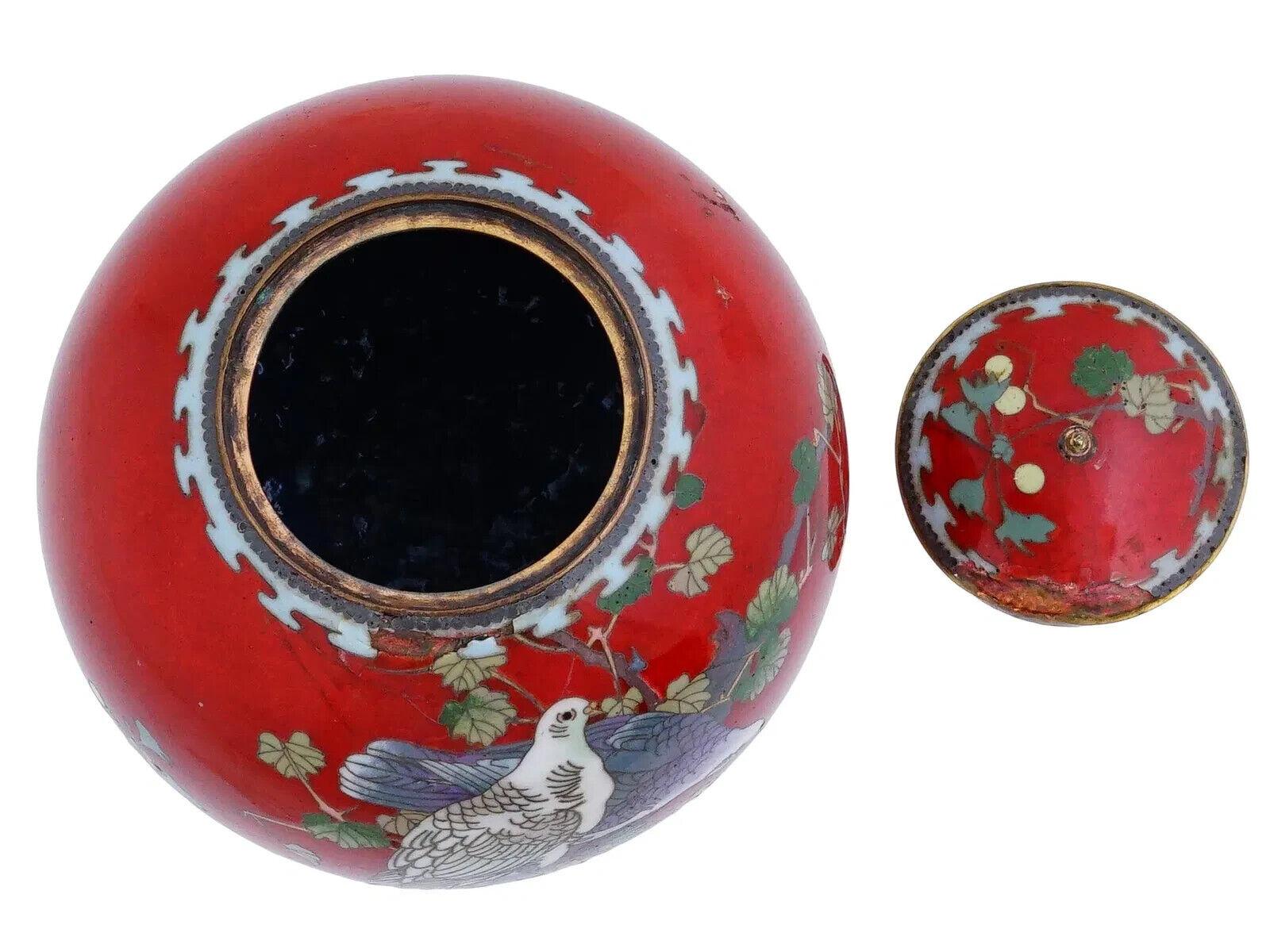 19th Century Rare Japanese Red Birds Cloisonne Enamel Censer Koro For Sale