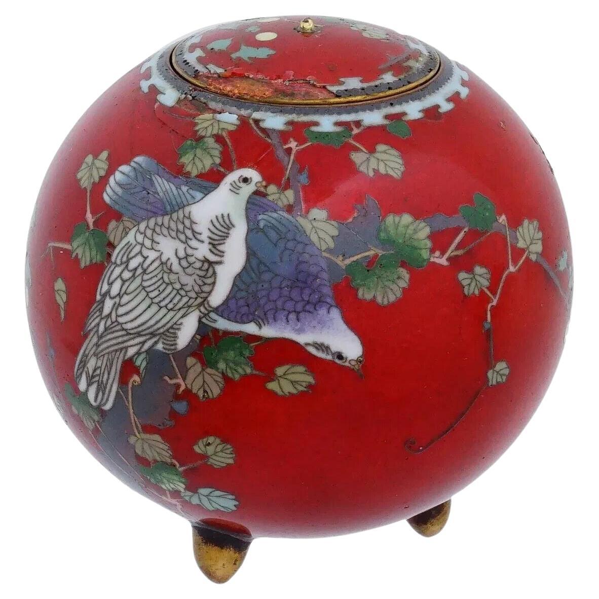 Rare Japanese Red Birds Cloisonne Enamel Censer Koro For Sale