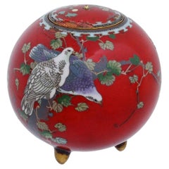 Encensoir Koro japonais rare d'oiseaux rouges en émail cloisonné