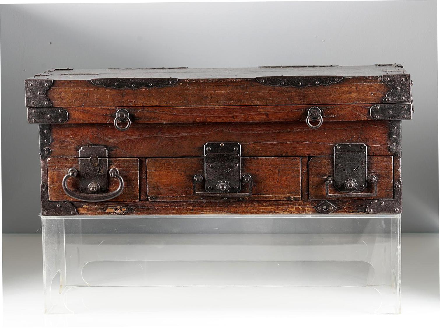 A rare original and impressively intact Japanese Zenibako (banker's money box) from late 19th century circa Meiji Period (1868-1912). The chest was made from cypress wood and fitted with hand wrought iron hardware throughout. Made specifically to