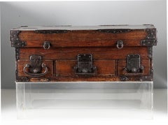 Rare Inscribed Japanese Wood Chest Zenibako on Custom Stand