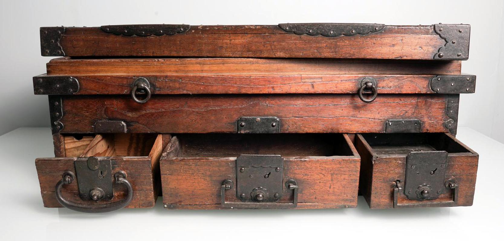 Iron Rare Inscribed Japanese Wood Chest Zenibako on Custom Stand For Sale
