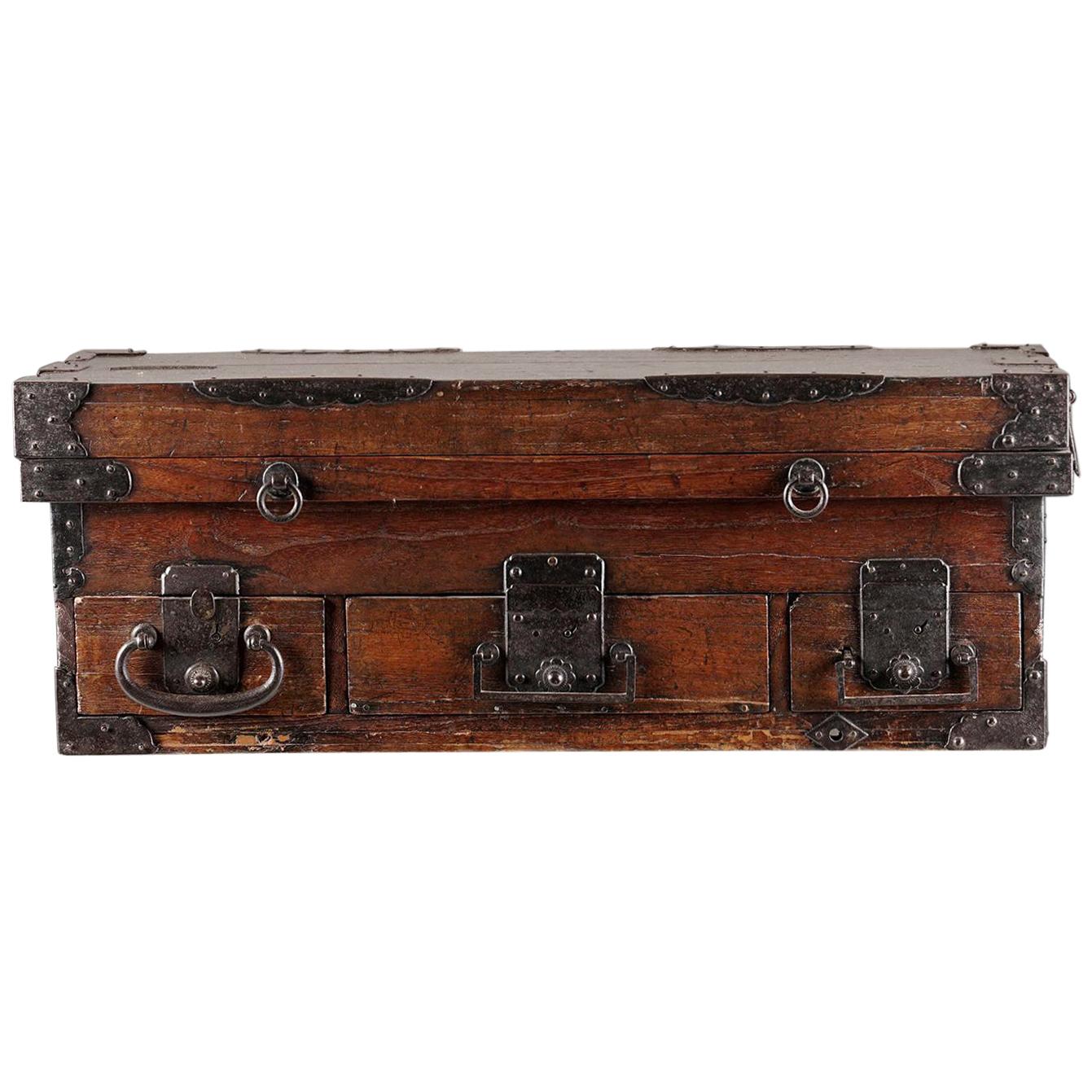 Rare Inscribed Japanese Wood Chest Zenibako on Custom Stand For Sale