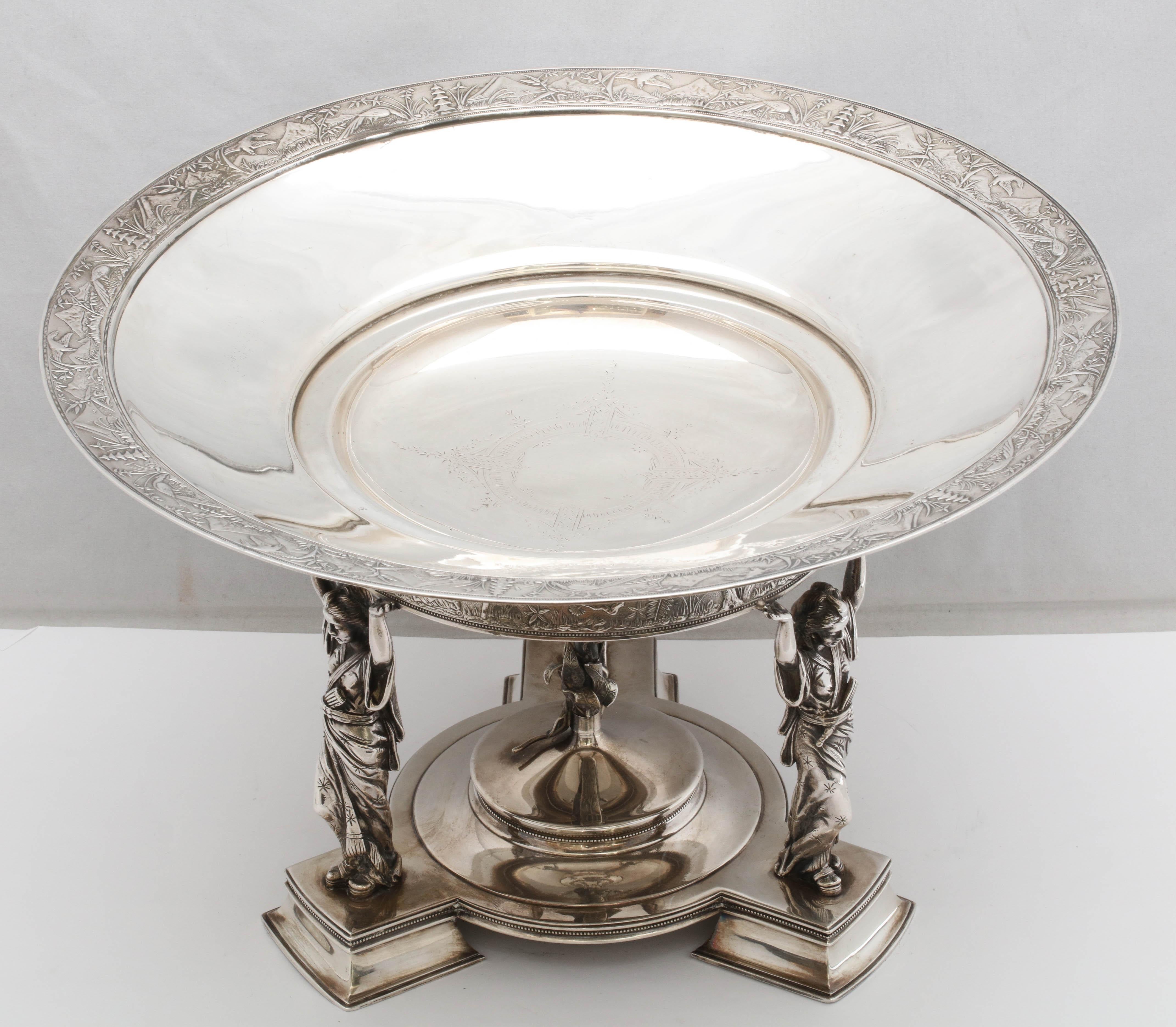 Beautiful, sterling silver, Japonesque, footed centerpiece bowl, Gorham Manufacturing Co., Providence, Rhode Island, year hallmarked for 1872. The central bowl is supported by three Geishas in traditional dress. Bowl is decorated with Japanese
