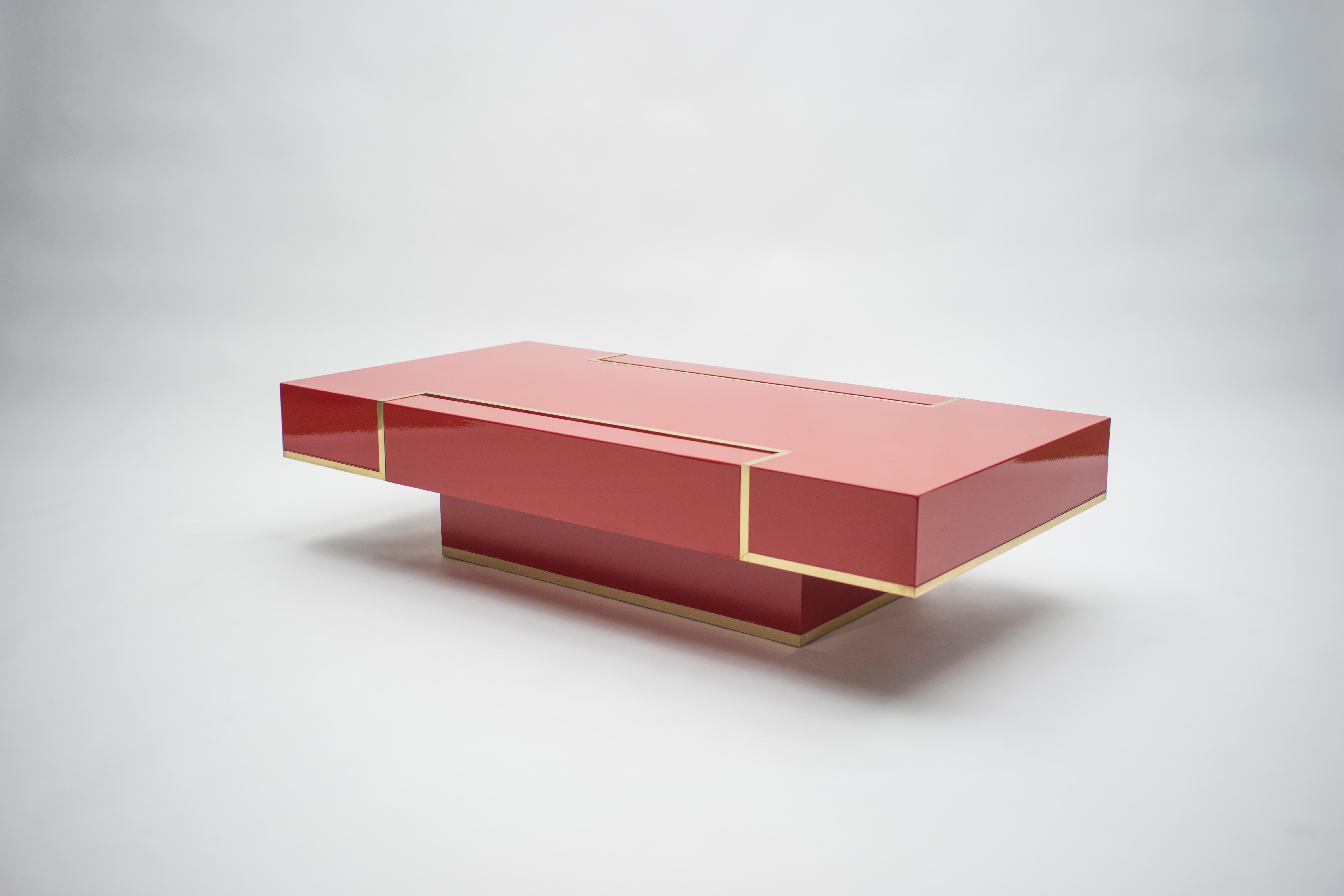 Rare J.C. Mahey Red Lacquer and Brass Coffee Table, 1970s 4