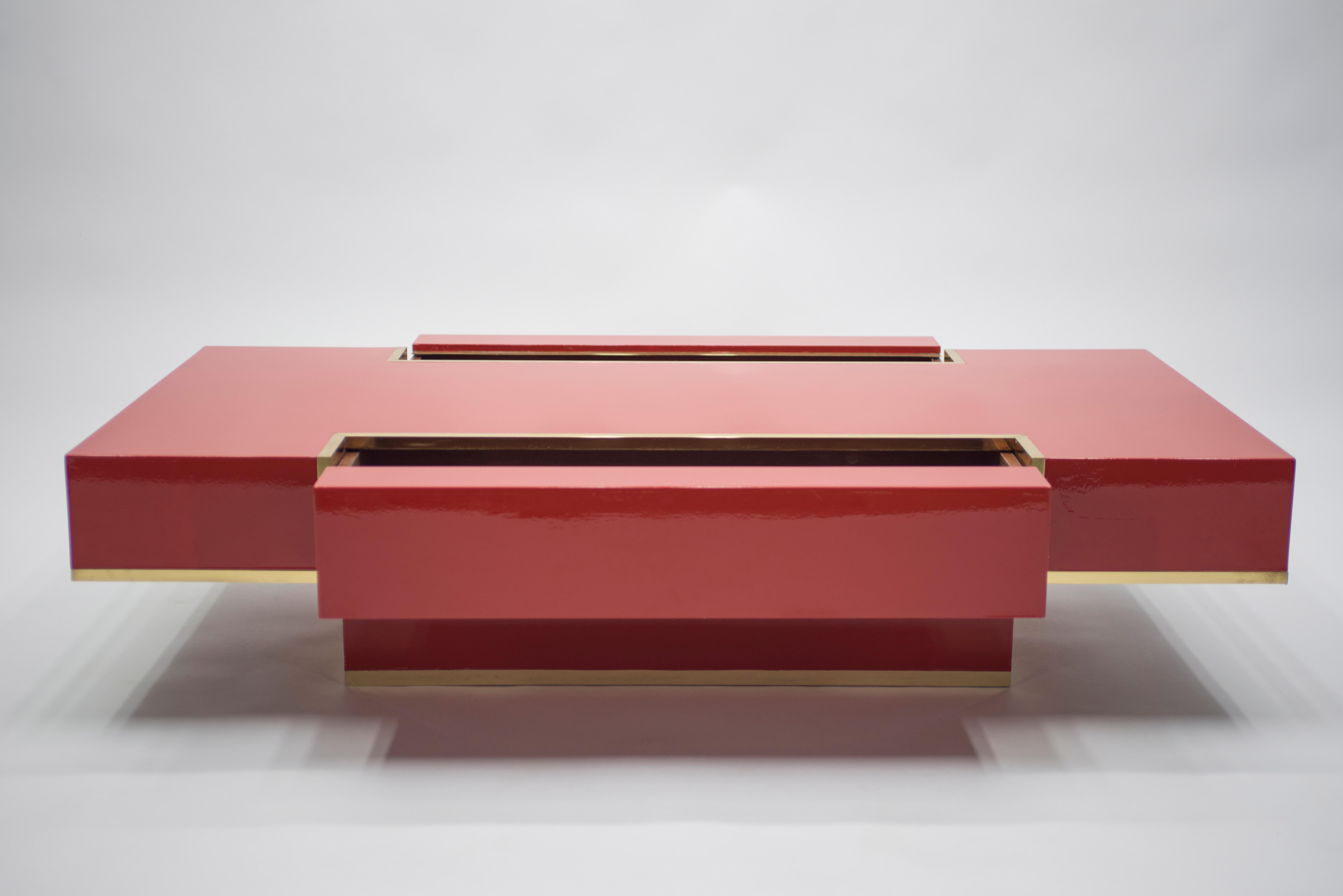 Rare J.C. Mahey Red Lacquer and Brass Coffee Table, 1970s 5