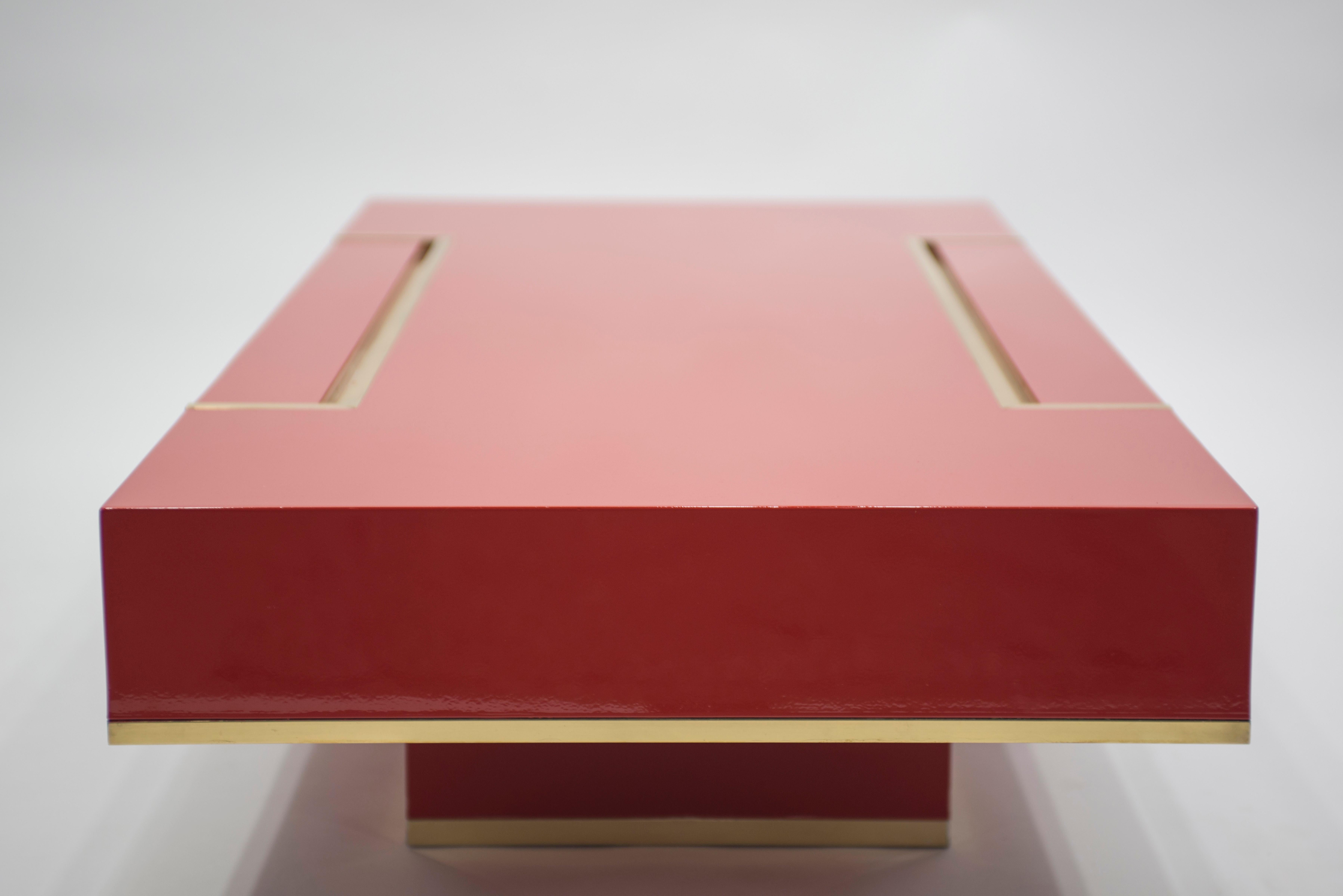 Rare J.C. Mahey Red Lacquer and Brass Coffee Table, 1970s 6