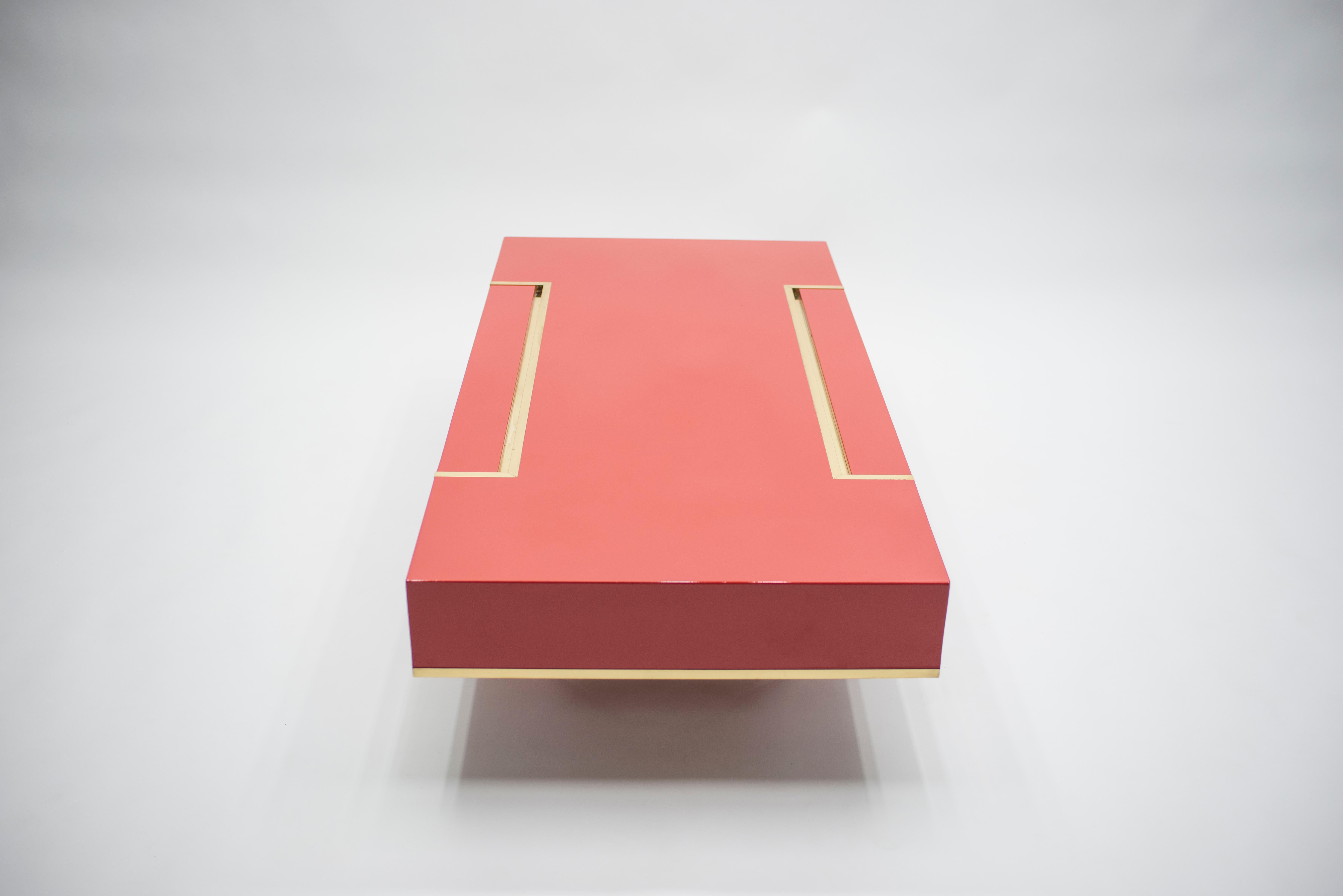 Rare J.C. Mahey Red Lacquer and Brass Coffee Table, 1970s 7